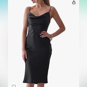 Women's Spaghetti Strap Satin Dress Cocktail Evening Party Cowl Neck Midi Dress